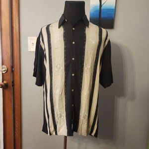 HOLLIS RIVER Large Men's Hawaiian Aloha Shirt w/ Palm Trees Black Tan Rayon